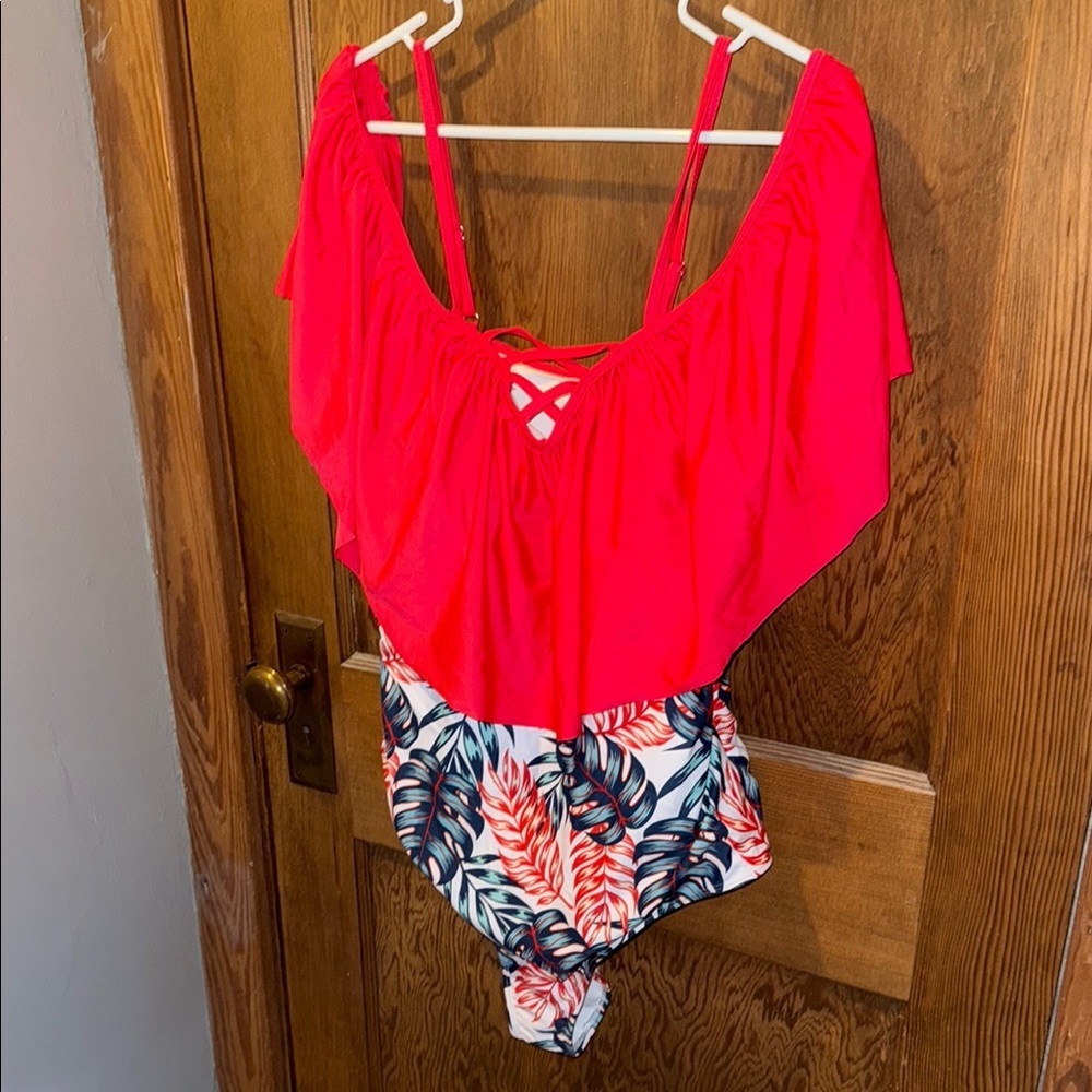 SHEIN tropical print off the shoulder one piece swim